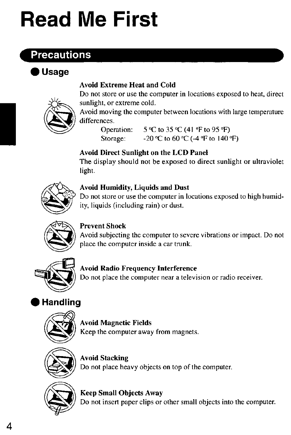 Read me first, Precautions, Usage | Handling | Panasonic CF-M32 Series User Manual | Page 4 / 88