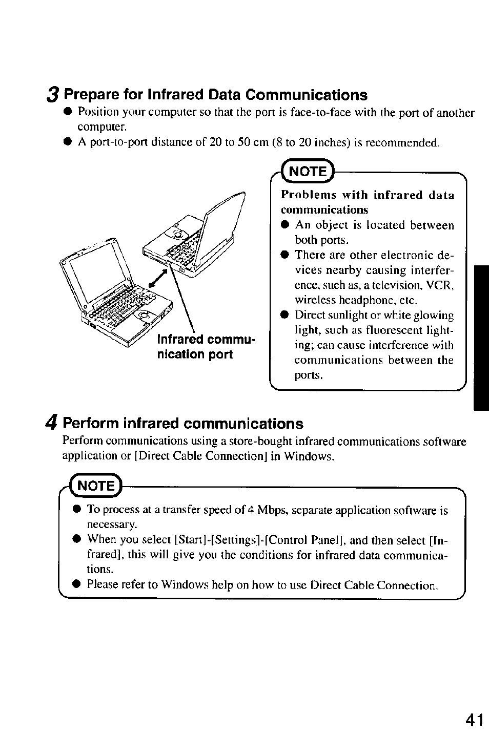 3 prepare for infrared data communications, 4 perform infrared communications, Prepare for infrared data communications | Perform infrared communications | Panasonic CF-M32 Series User Manual | Page 41 / 88