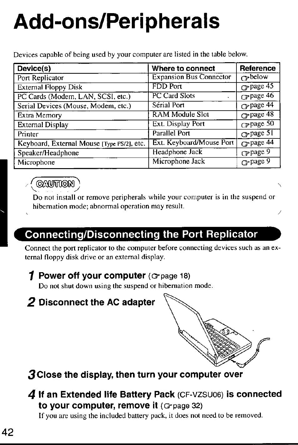Add-ons/peripherals, Connecting/disconnecting the port replicator, 2 disconnect the ac adapter | 3 close the display, then turn your computer over, Cf-vzsuoe) | Panasonic CF-M32 Series User Manual | Page 42 / 88