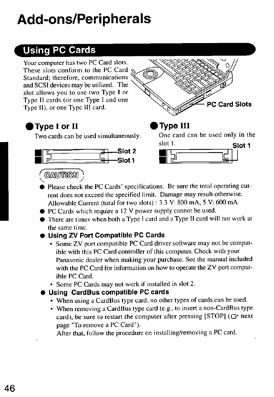 Using pc cards, Add-ons/peripherals, Type i or ii | Type iii | Panasonic CF-M32 Series User Manual | Page 46 / 88