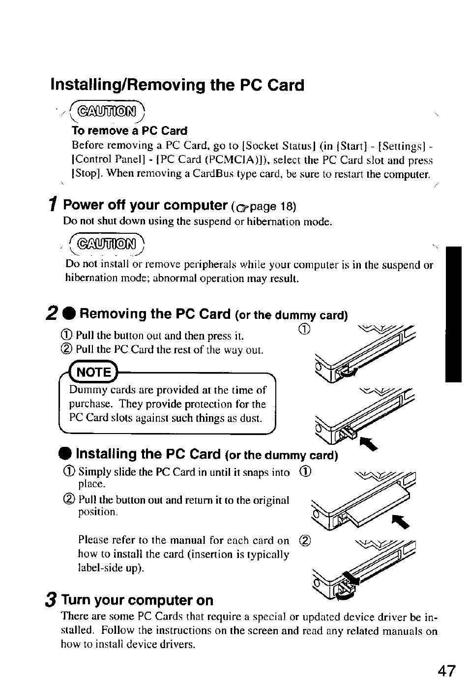 Installing/removing the pc card, 2 9 removing the pc card (or the dummy card), 9 installing the pc card (or the dummy card) | 3 turn your computer on | Panasonic CF-M32 Series User Manual | Page 47 / 88