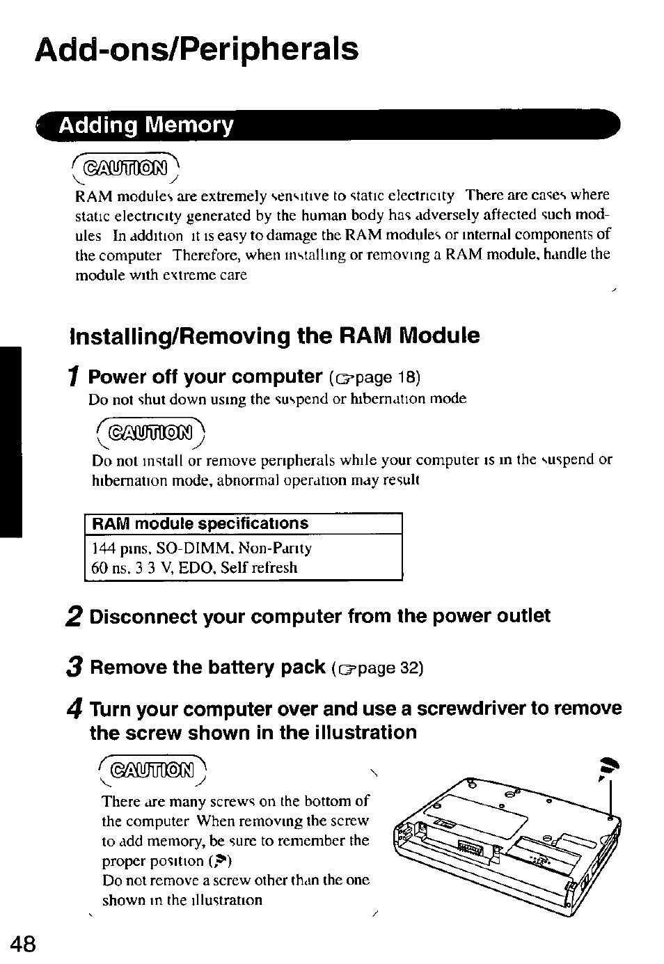 Adding memory, 2 disconnect your computer from the power outlet, Add-ons/peripherals | Panasonic CF-M32 Series User Manual | Page 48 / 88