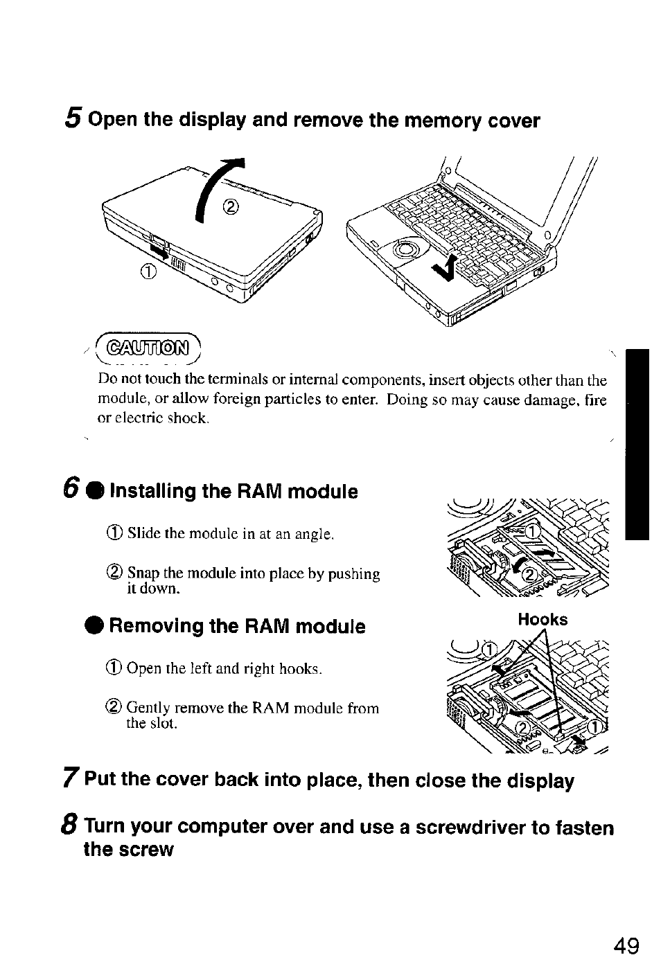 5 open the display and remove the memory cover, 6 9 installing the ram module, 1 removing the ram module | Panasonic CF-M32 Series User Manual | Page 49 / 88