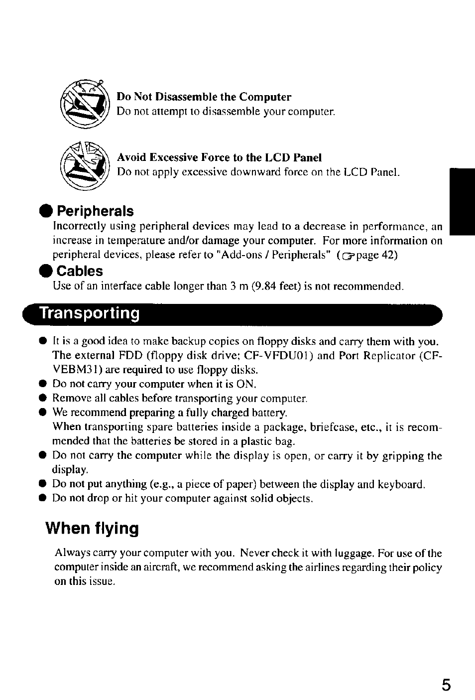 I peripherals, I cables, Transporting | When flying | Panasonic CF-M32 Series User Manual | Page 5 / 88