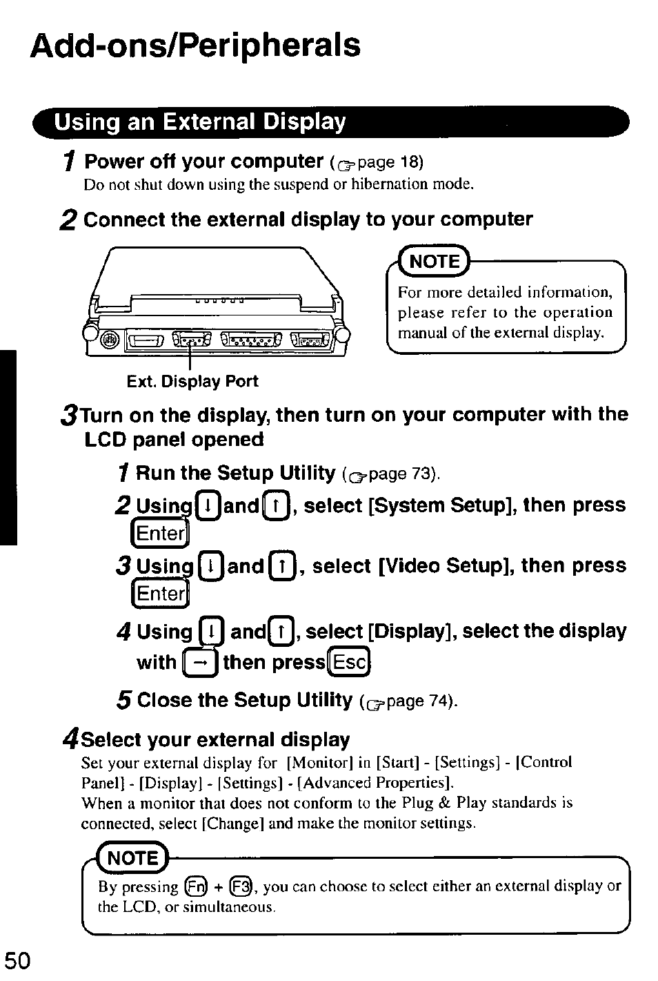 Using an external display, 2 connect the external display to your computer, 3 using qandq, select [video setup], then press | Enterl, 4select your external display, Add-ons/peripherals | Panasonic CF-M32 Series User Manual | Page 50 / 88