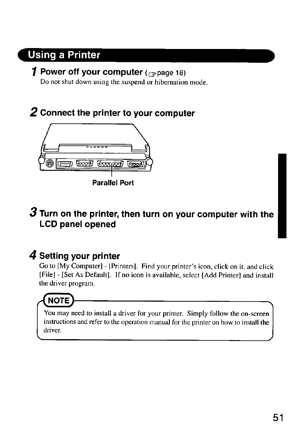 Using a printer, 2 connect the printer to your computer, 4 setting your printer | Panasonic CF-M32 Series User Manual | Page 51 / 88