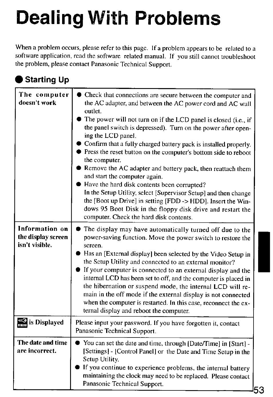 Dealing with problems, Starting up, Dealir>g with problems | Panasonic CF-M32 Series User Manual | Page 53 / 88