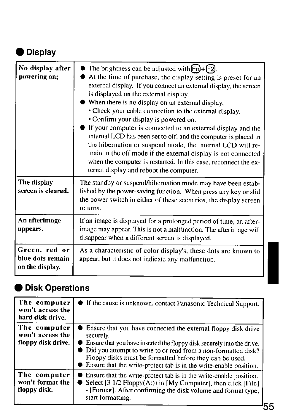 Display, Disk operations | Panasonic CF-M32 Series User Manual | Page 55 / 88