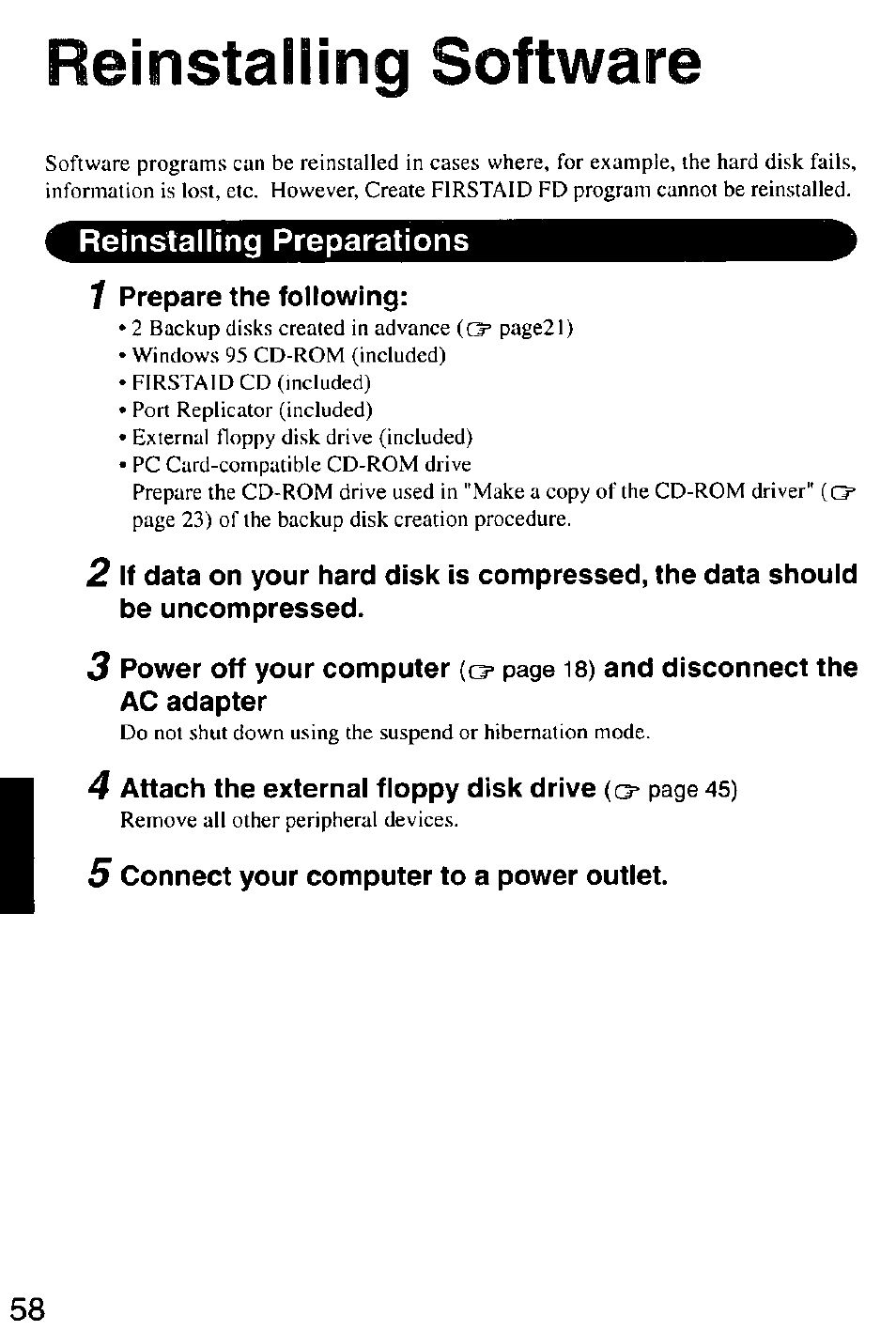 Reinstalling software, Reinstalling preparations, 1 prepare the following | 5 connect your computer to a power outlet | Panasonic CF-M32 Series User Manual | Page 58 / 88