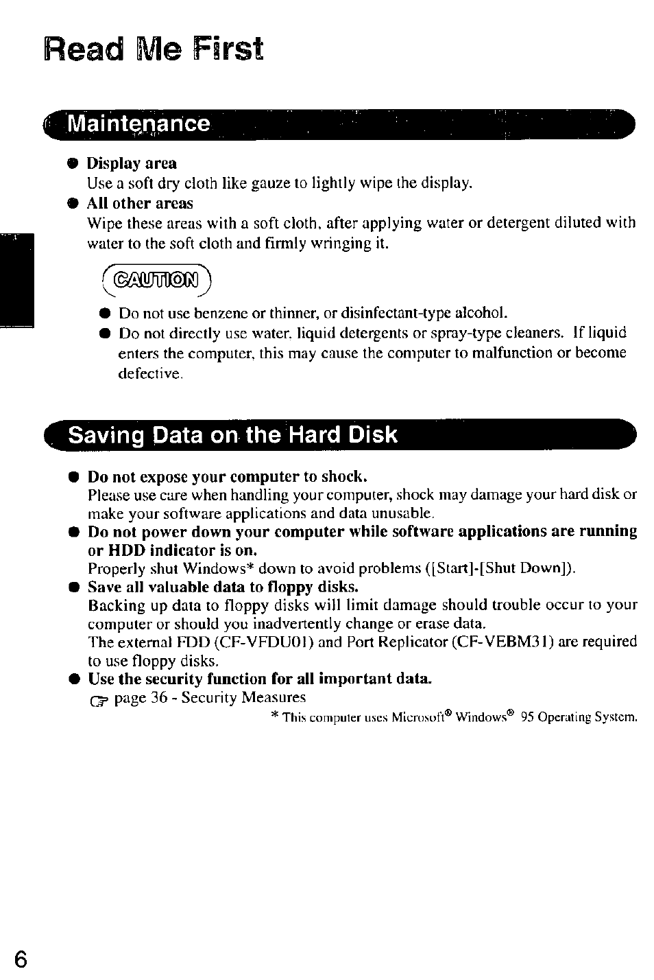 Maintenance, Saving data on the hard disk, Read ¡vie first | Panasonic CF-M32 Series User Manual | Page 6 / 88