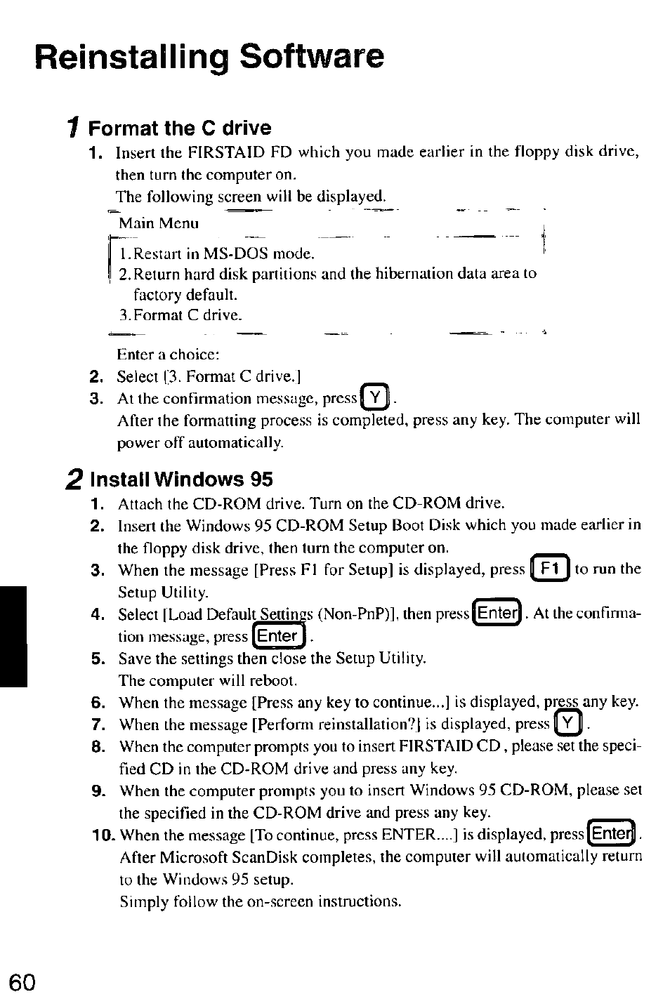 Format the c drive, Install windows 95, Reinstalling software | Panasonic CF-M32 Series User Manual | Page 60 / 88