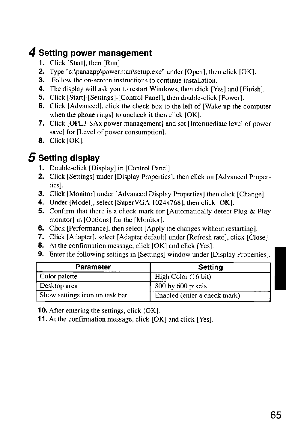 4 setting power management, 5 setting display, Setting power management | Setting display | Panasonic CF-M32 Series User Manual | Page 65 / 88