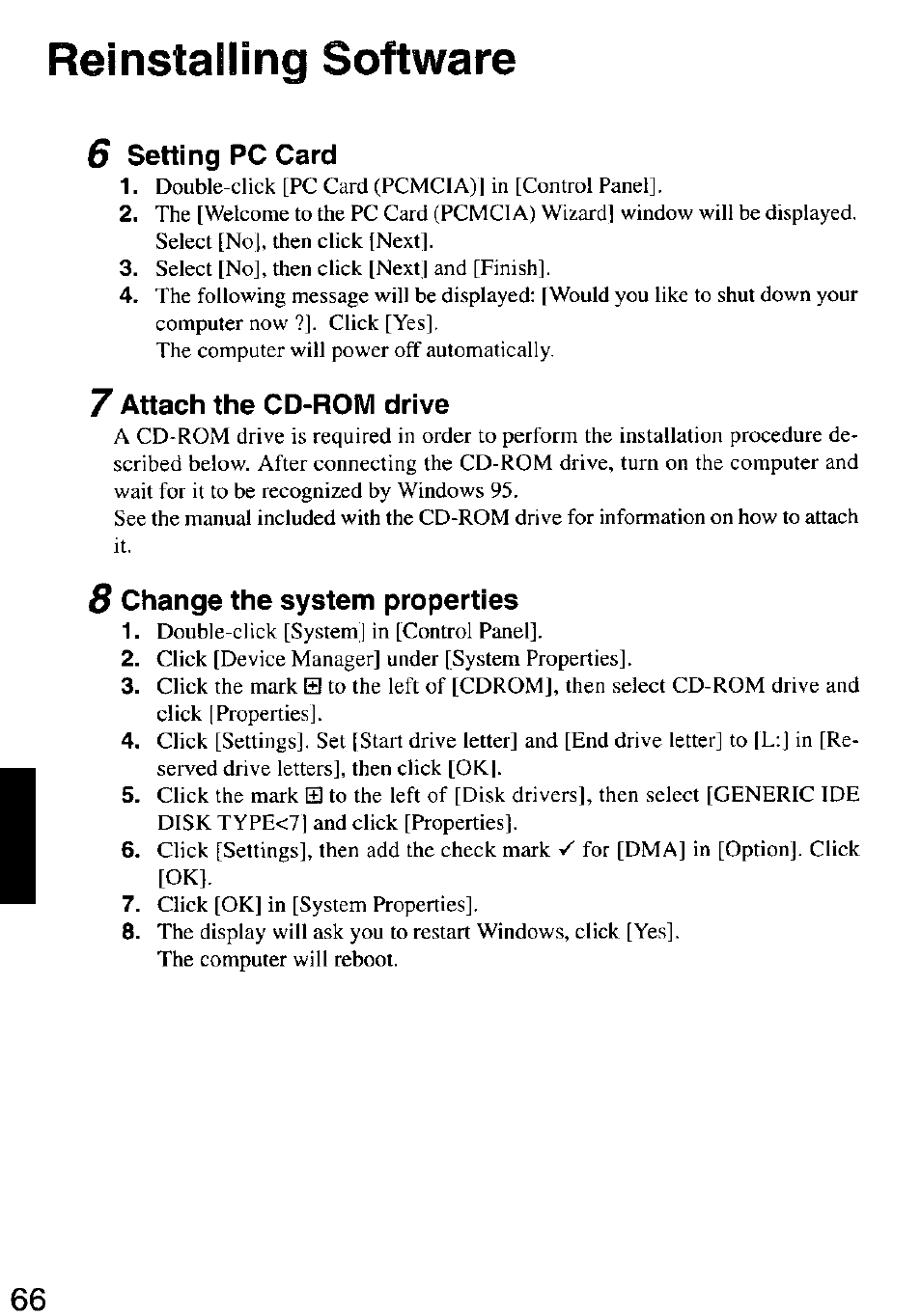 6 setting pc card, 7 attach the cd-rom drive, 8 change the system properties | Reinstalling software | Panasonic CF-M32 Series User Manual | Page 66 / 88