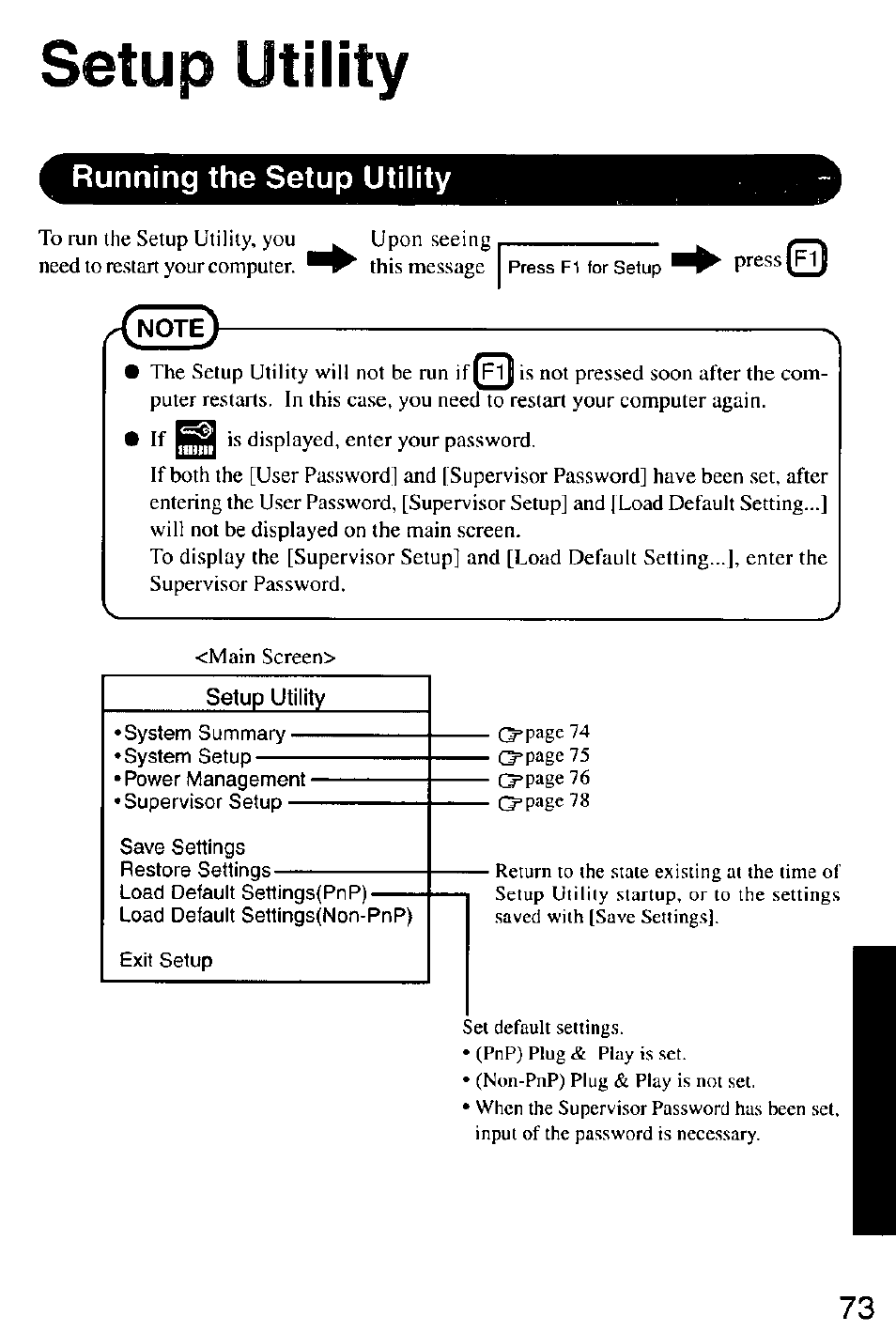 Setup utility, Running the setup utility, Setup uteiy | Panasonic CF-M32 Series User Manual | Page 73 / 88