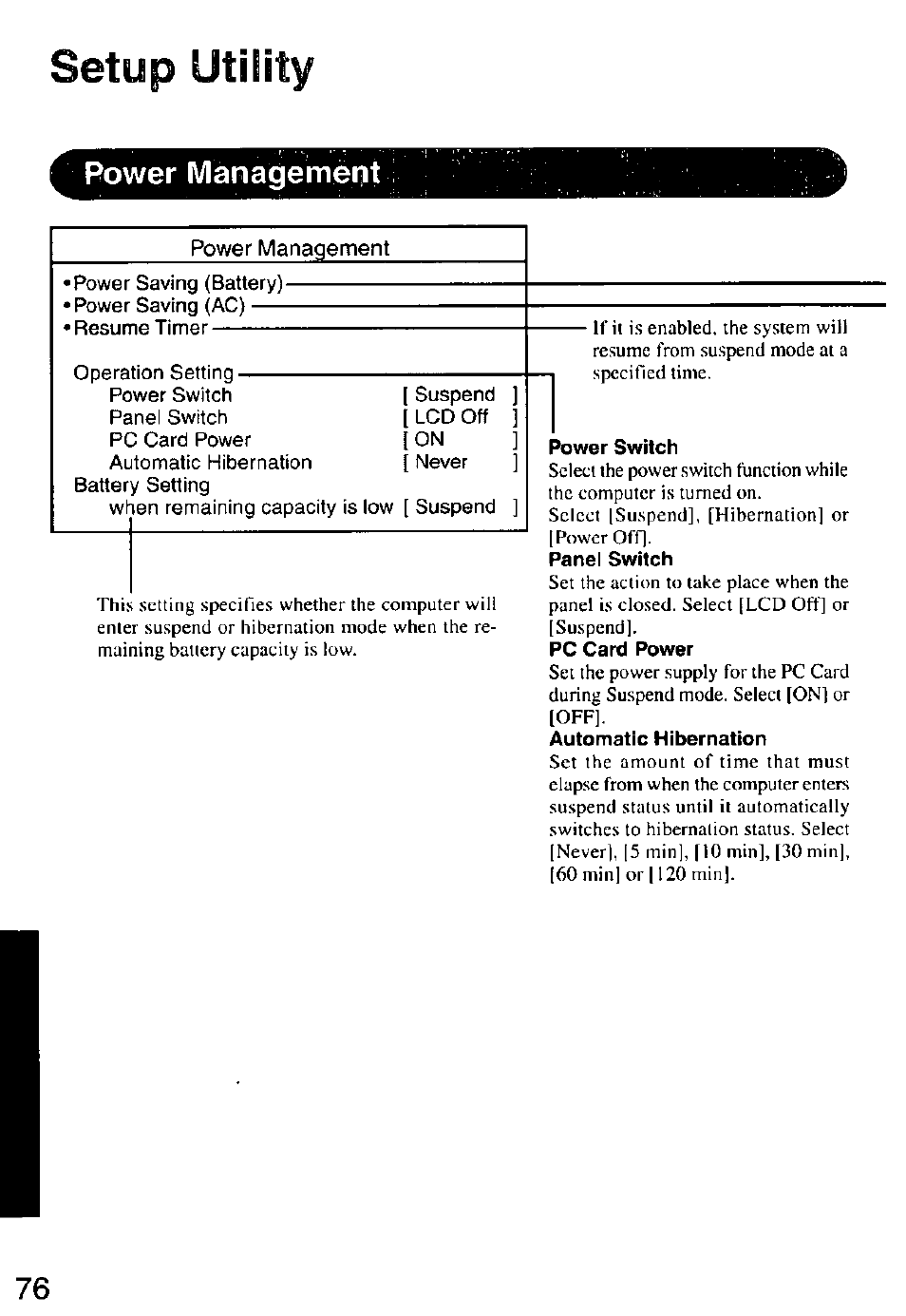 Setup utility, Power management | Panasonic CF-M32 Series User Manual | Page 76 / 88