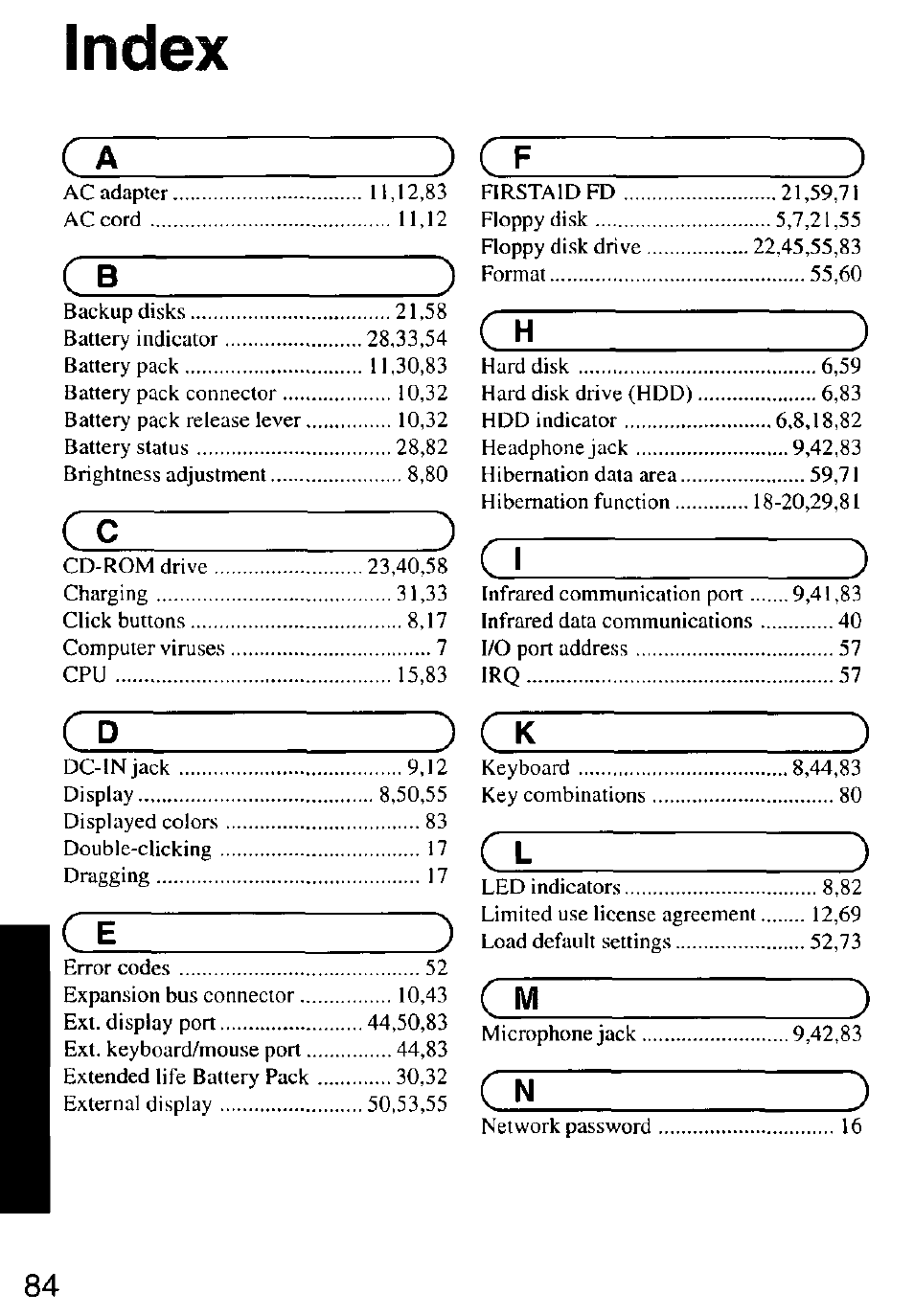 Index, C a ), C b ) | C d ), C e ), C f ), C n ) | Panasonic CF-M32 Series User Manual | Page 84 / 88