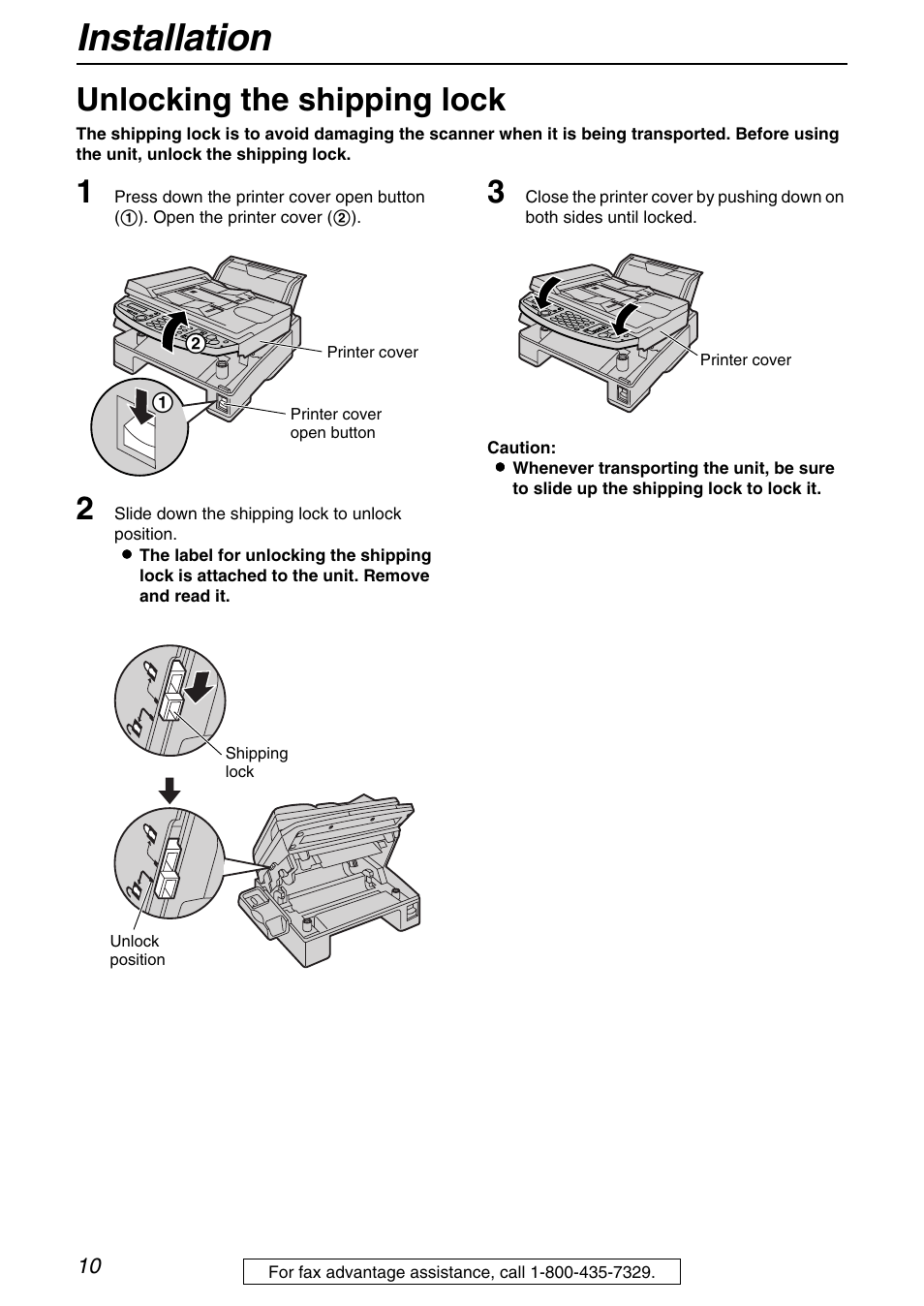 Installation, Unlocking the shipping lock | Panasonic KX-FB421 User Manual | Page 10 / 92