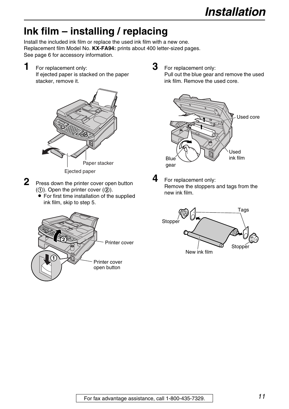 Installation, Ink film – installing / replacing | Panasonic KX-FB421 User Manual | Page 11 / 92