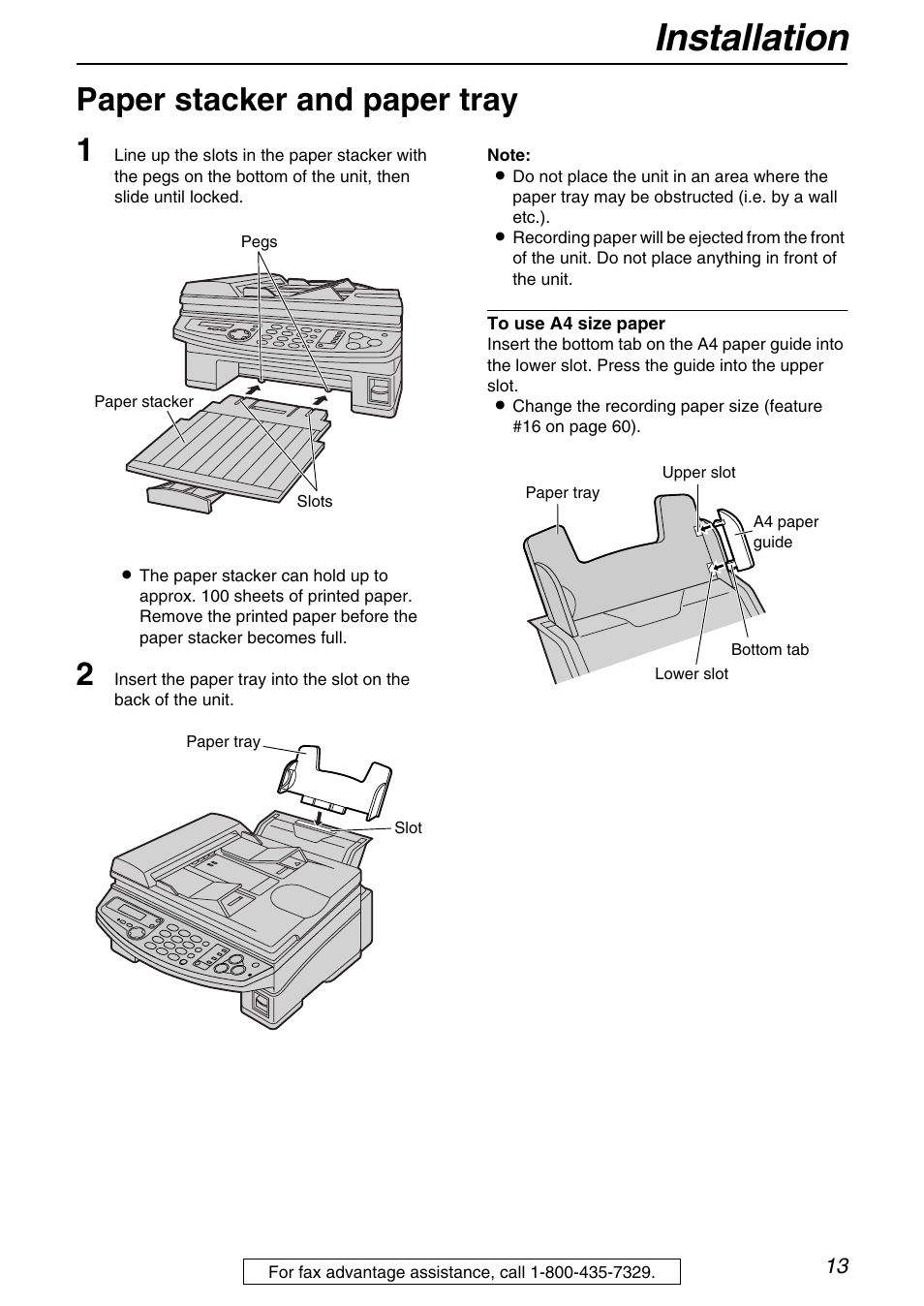 Installation, Paper stacker and paper tray 1 | Panasonic KX-FB421 User Manual | Page 13 / 92