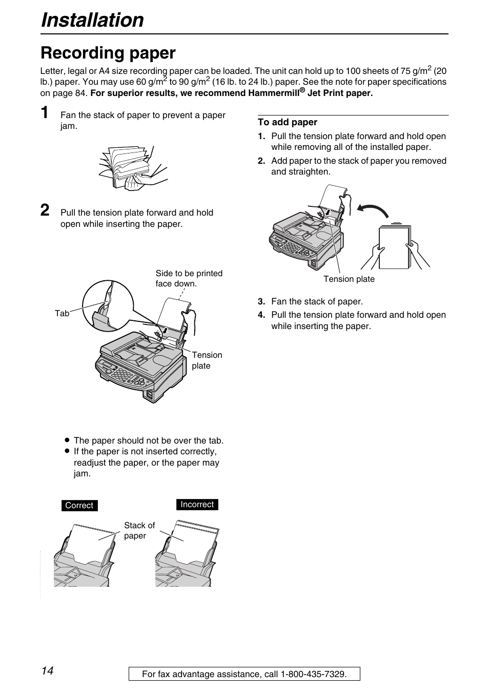 Installation, Recording paper | Panasonic KX-FB421 User Manual | Page 14 / 92