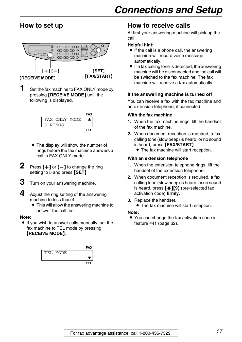 Connections and setup, How to set up, How to receive calls | Panasonic KX-FB421 User Manual | Page 17 / 92