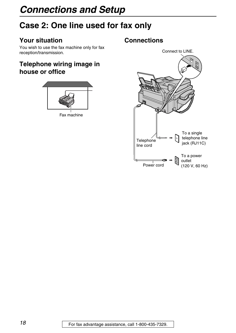 Connections and setup, Case 2: one line used for fax only, Your situation | Panasonic KX-FB421 User Manual | Page 18 / 92