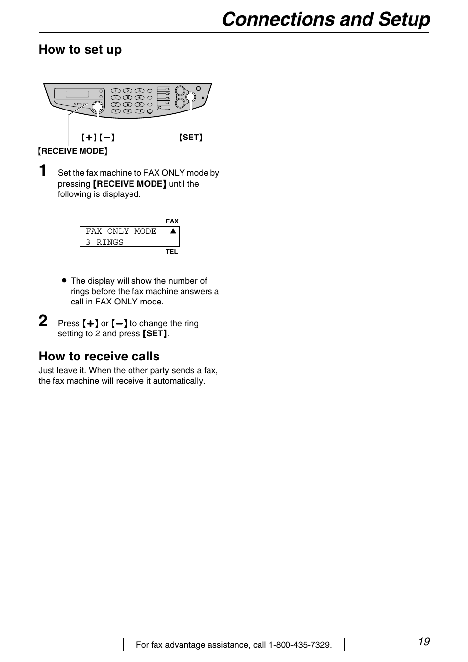 Connections and setup, How to set up, How to receive calls | Panasonic KX-FB421 User Manual | Page 19 / 92