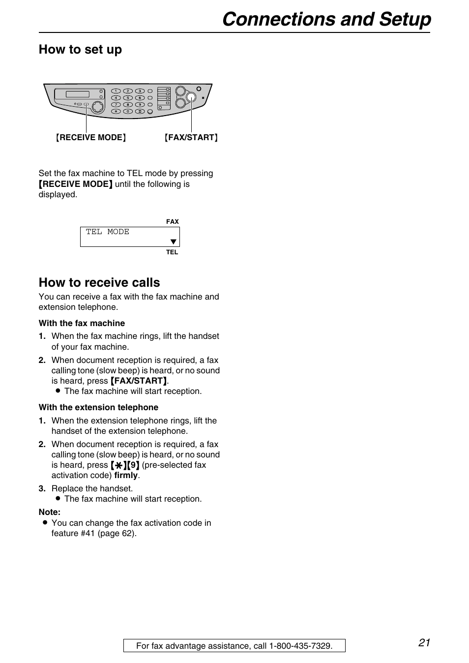 Connections and setup, How to set up, How to receive calls | Panasonic KX-FB421 User Manual | Page 21 / 92