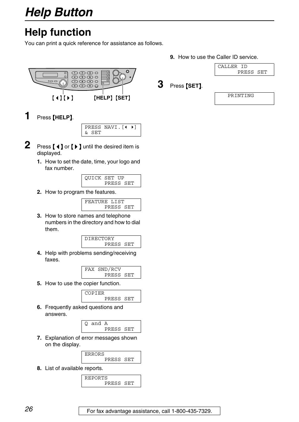 Help button, Help function | Panasonic KX-FB421 User Manual | Page 26 / 92