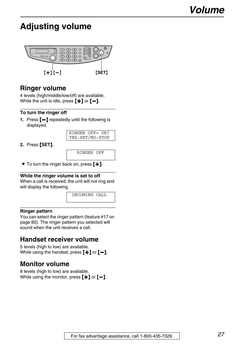 Volume, Adjusting volume, Ringer volume | Handset receiver volume, Monitor volume | Panasonic KX-FB421 User Manual | Page 27 / 92