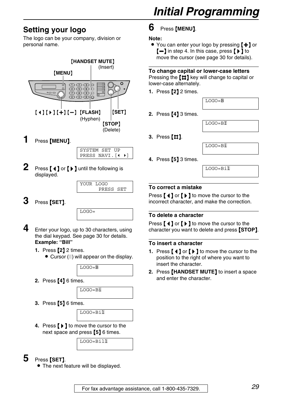 Initial programming, Setting your logo | Panasonic KX-FB421 User Manual | Page 29 / 92