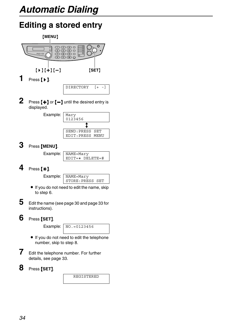 Automatic dialing, Editing a stored entry 1 | Panasonic KX-FB421 User Manual | Page 34 / 92