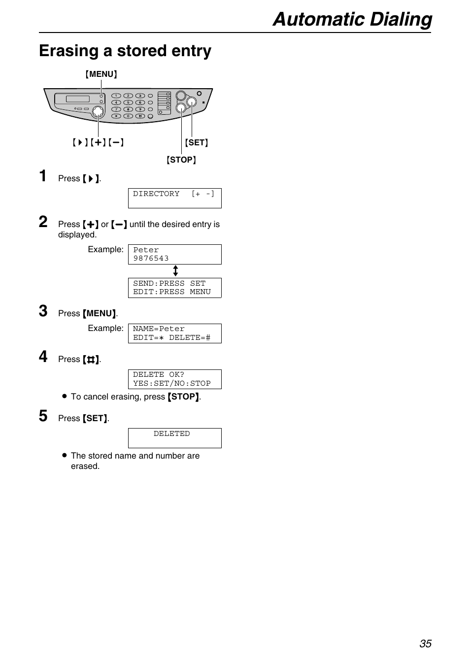 Automatic dialing, Erasing a stored entry 1 | Panasonic KX-FB421 User Manual | Page 35 / 92