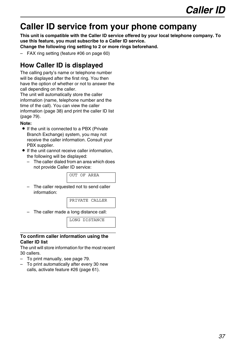 Caller id, Caller id service from your phone company, How caller id is displayed | Panasonic KX-FB421 User Manual | Page 37 / 92