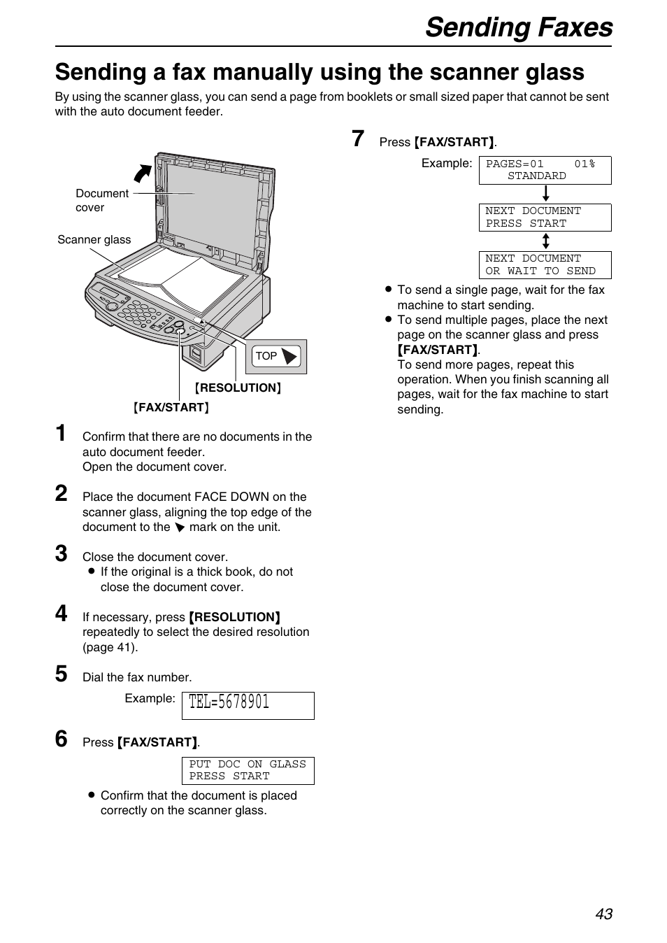 Sending faxes, Sending a fax manually using the scanner glass | Panasonic KX-FB421 User Manual | Page 43 / 92