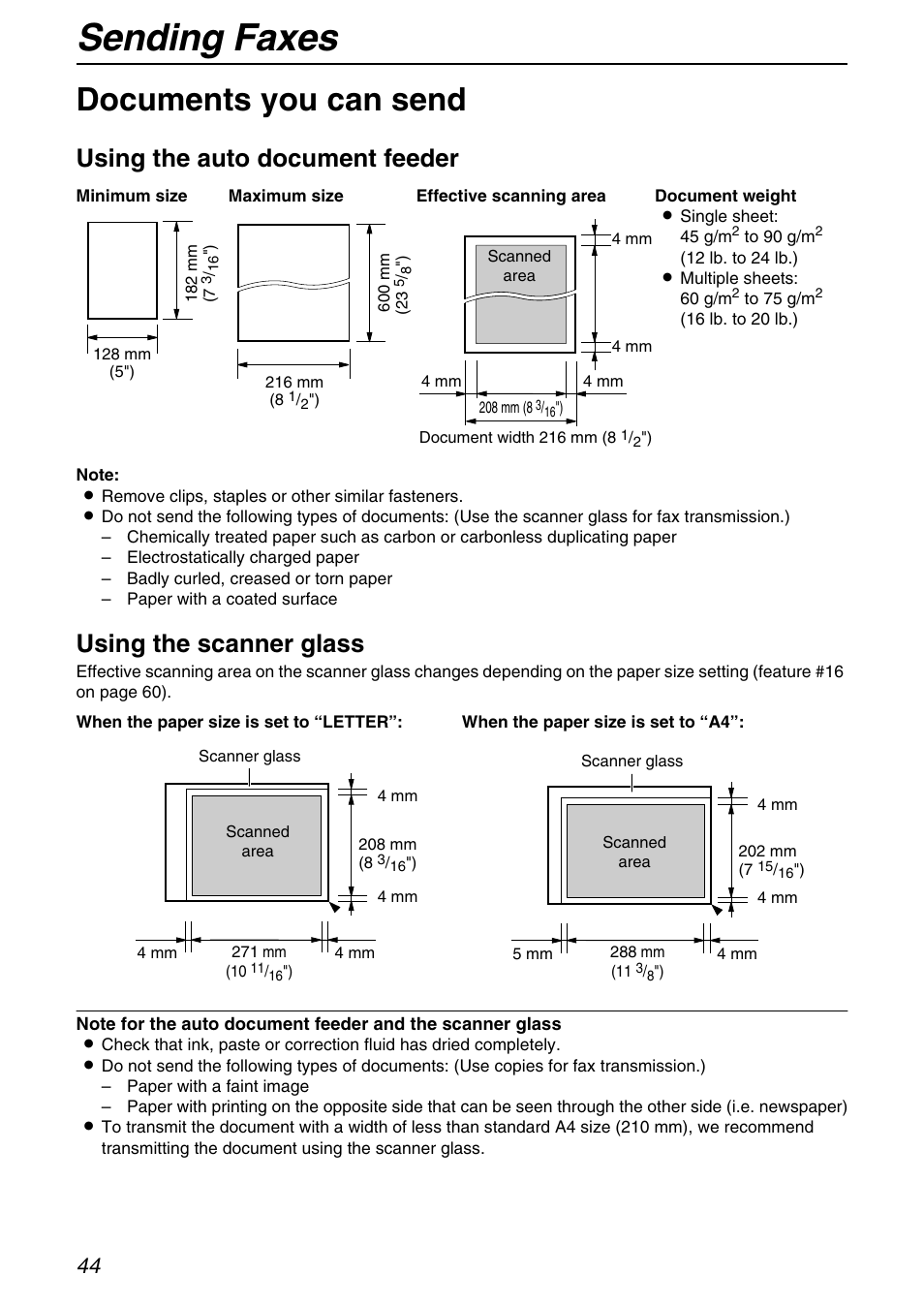 Sending faxes, Documents you can send, Using the auto document feeder | Using the scanner glass | Panasonic KX-FB421 User Manual | Page 44 / 92