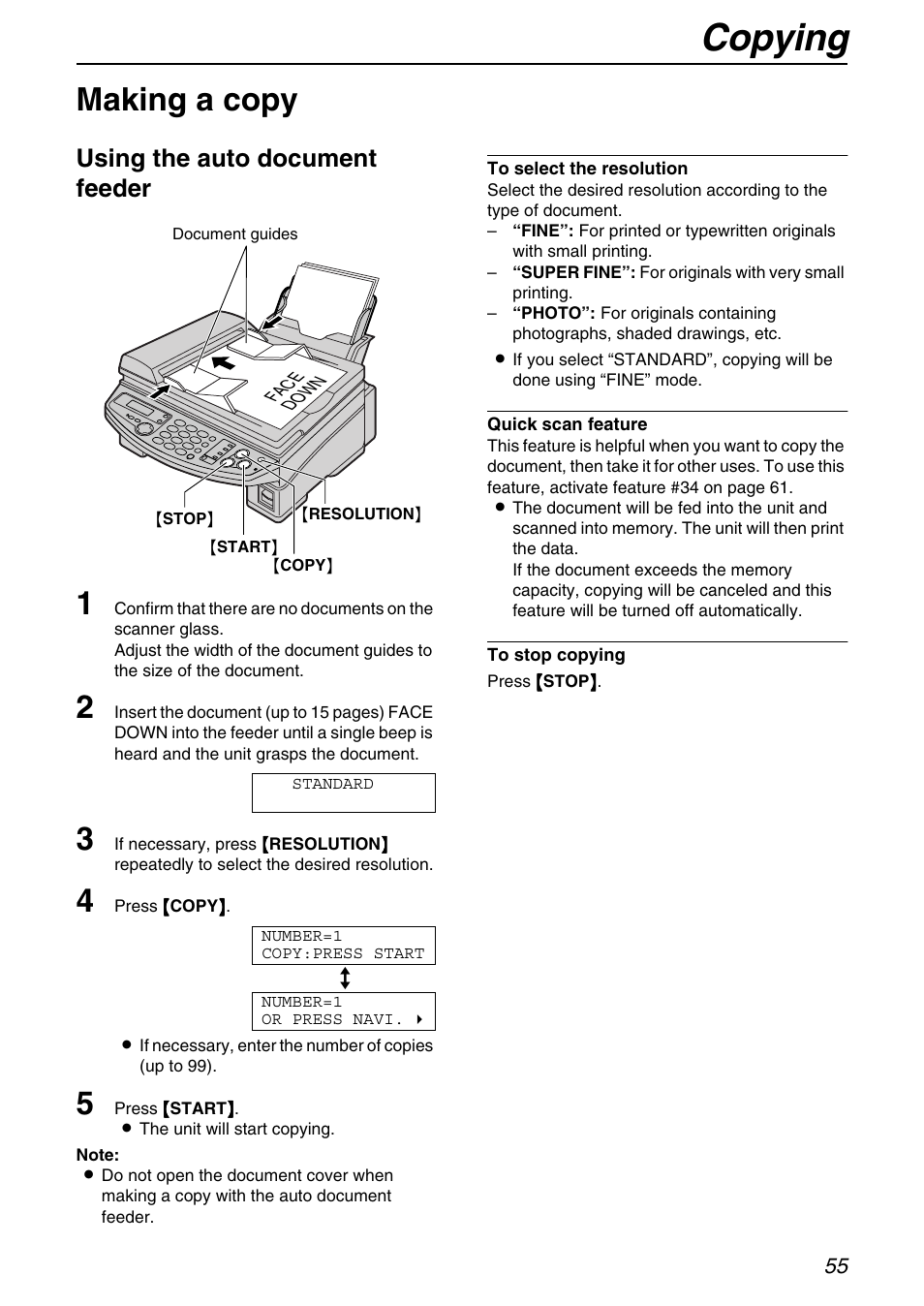 Copy, Copying, Making a copy | Using the auto document feeder | Panasonic KX-FB421 User Manual | Page 55 / 92