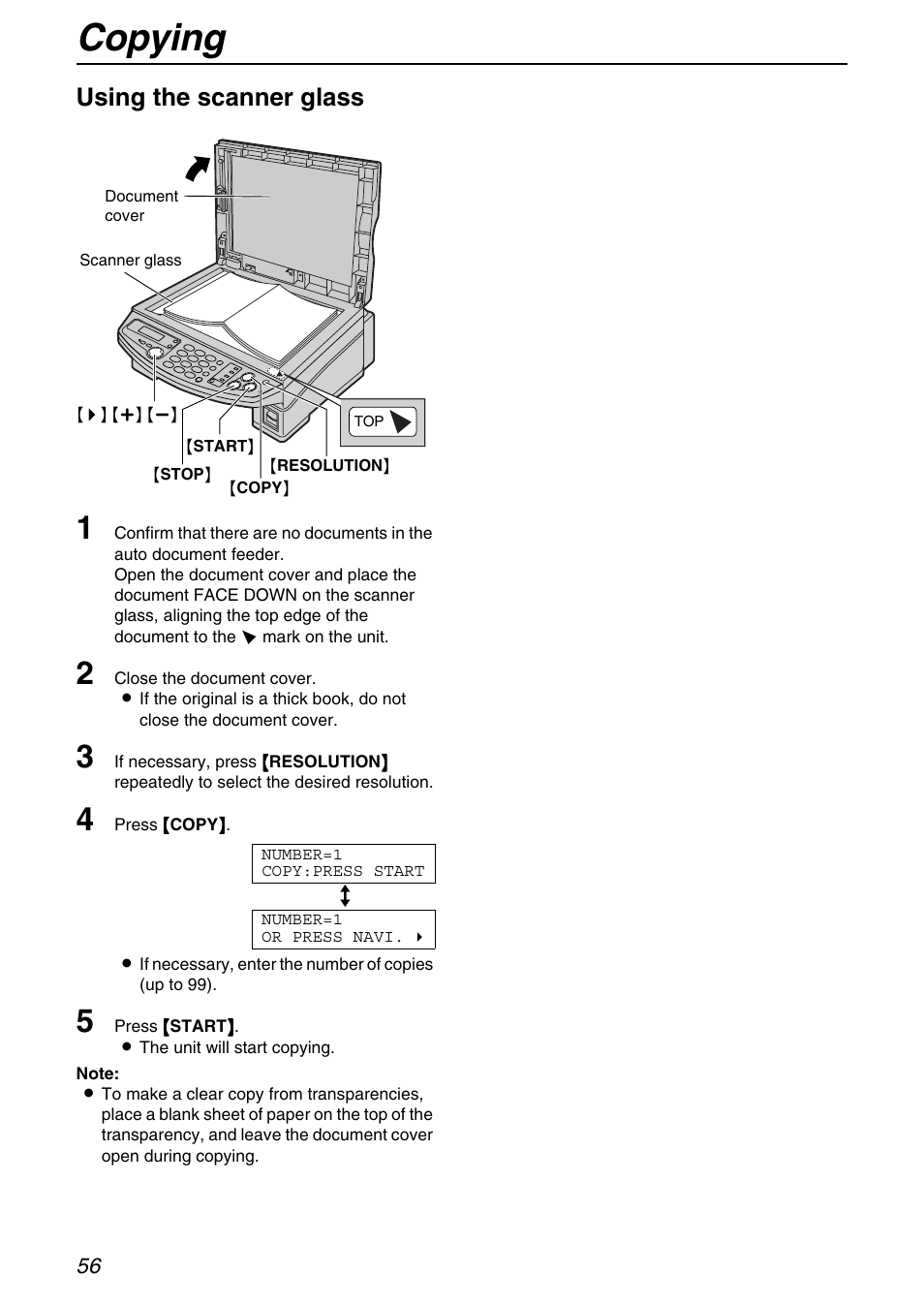 Copying, Using the scanner glass | Panasonic KX-FB421 User Manual | Page 56 / 92