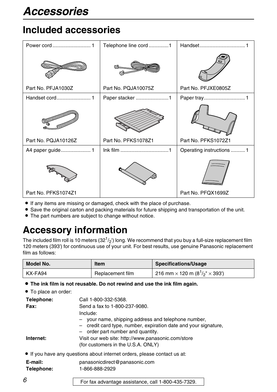 Initial preparation, Accessories, Included accessories | Accessory information | Panasonic KX-FB421 User Manual | Page 6 / 92