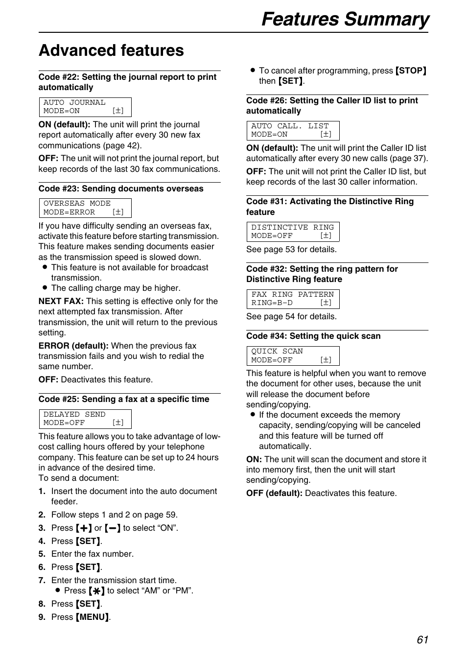 Features summary, Advanced features | Panasonic KX-FB421 User Manual | Page 61 / 92