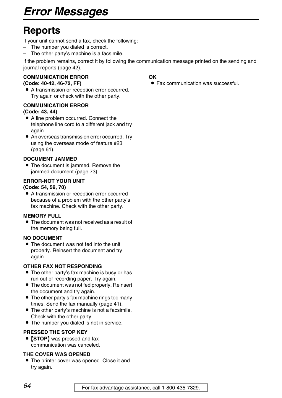 Help, Error messages, Reports | Panasonic KX-FB421 User Manual | Page 64 / 92