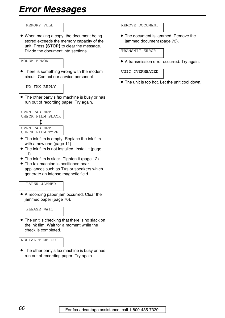 Error messages | Panasonic KX-FB421 User Manual | Page 66 / 92