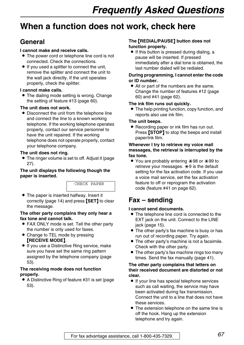 Frequently asked questions, When a function does not work, check here, General | Fax – sending | Panasonic KX-FB421 User Manual | Page 67 / 92