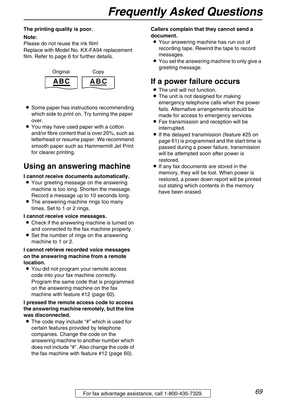 Frequently asked questions, Using an answering machine, If a power failure occurs | A b c | Panasonic KX-FB421 User Manual | Page 69 / 92