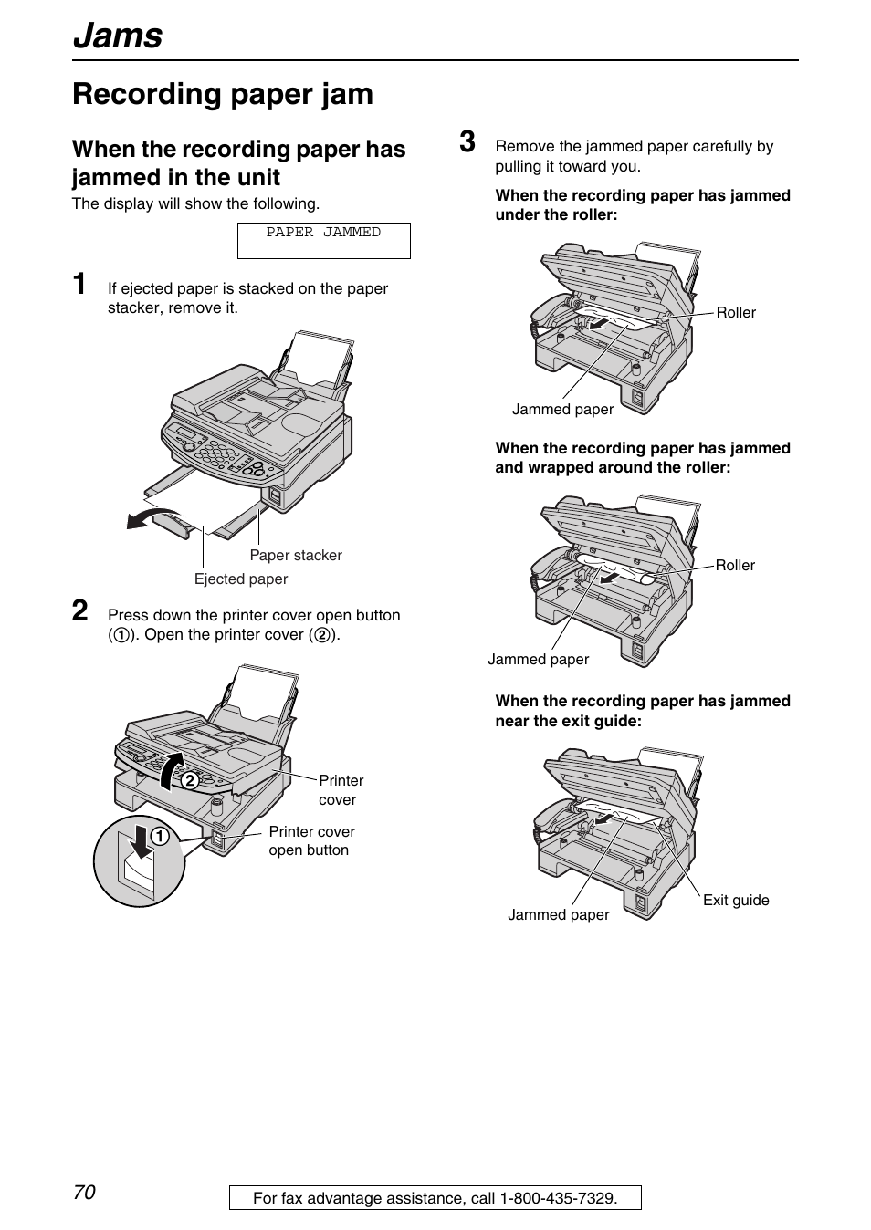 Jams, Recording paper jam, When the recording paper has jammed in the unit | Panasonic KX-FB421 User Manual | Page 70 / 92