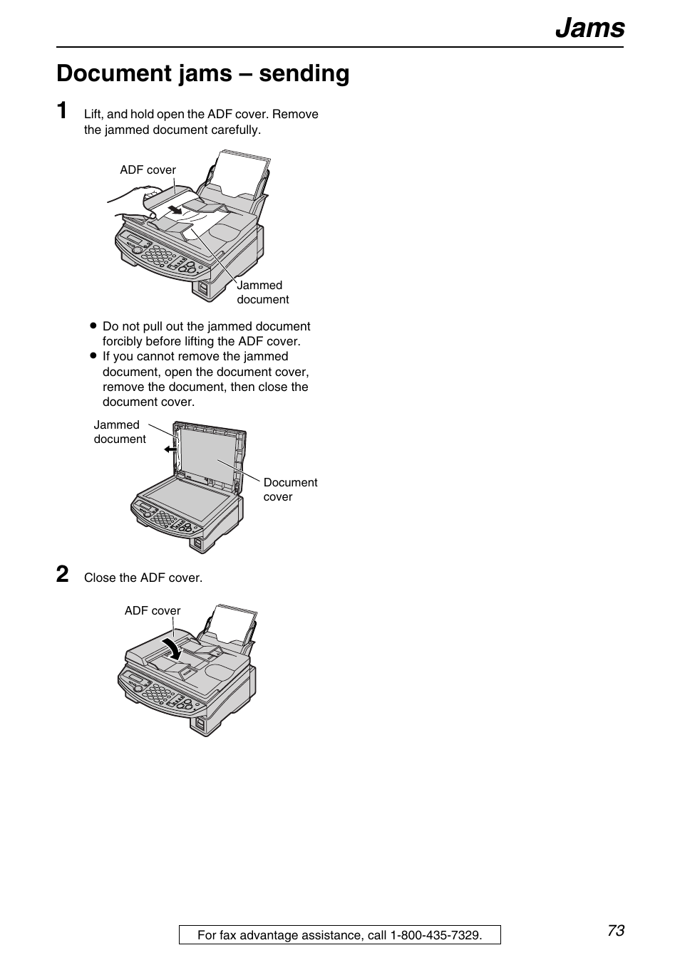 Jams, Document jams – sending 1 | Panasonic KX-FB421 User Manual | Page 73 / 92