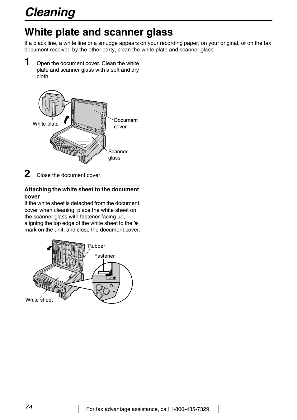 Cleaning, White plate and scanner glass | Panasonic KX-FB421 User Manual | Page 74 / 92