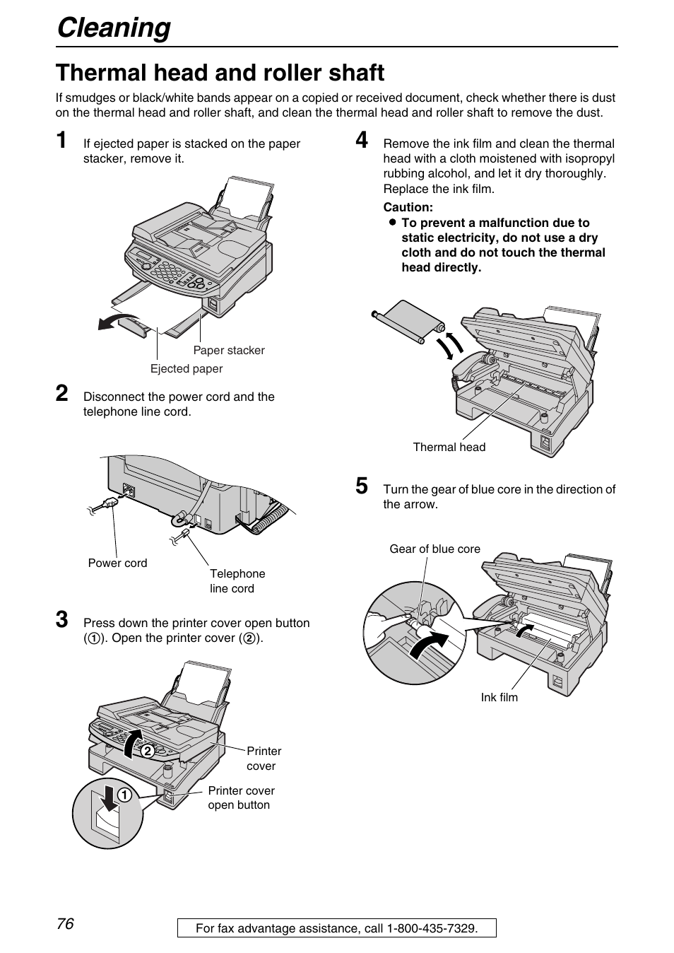 Cleaning, Thermal head and roller shaft | Panasonic KX-FB421 User Manual | Page 76 / 92