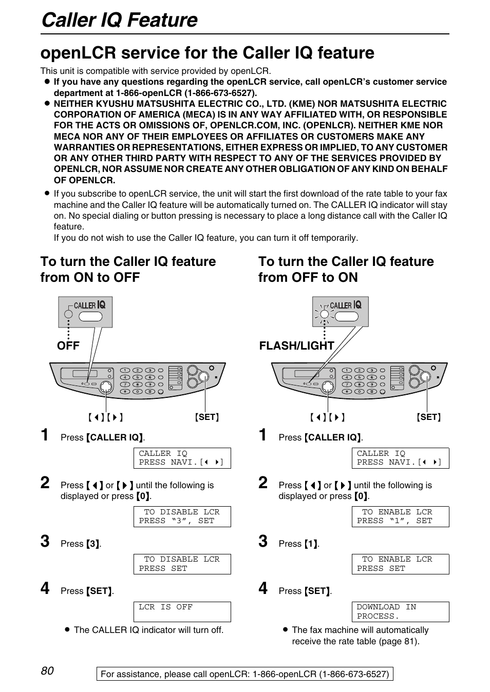 Caller iq feature, Openlcr service for the caller iq feature | Panasonic KX-FB421 User Manual | Page 80 / 92