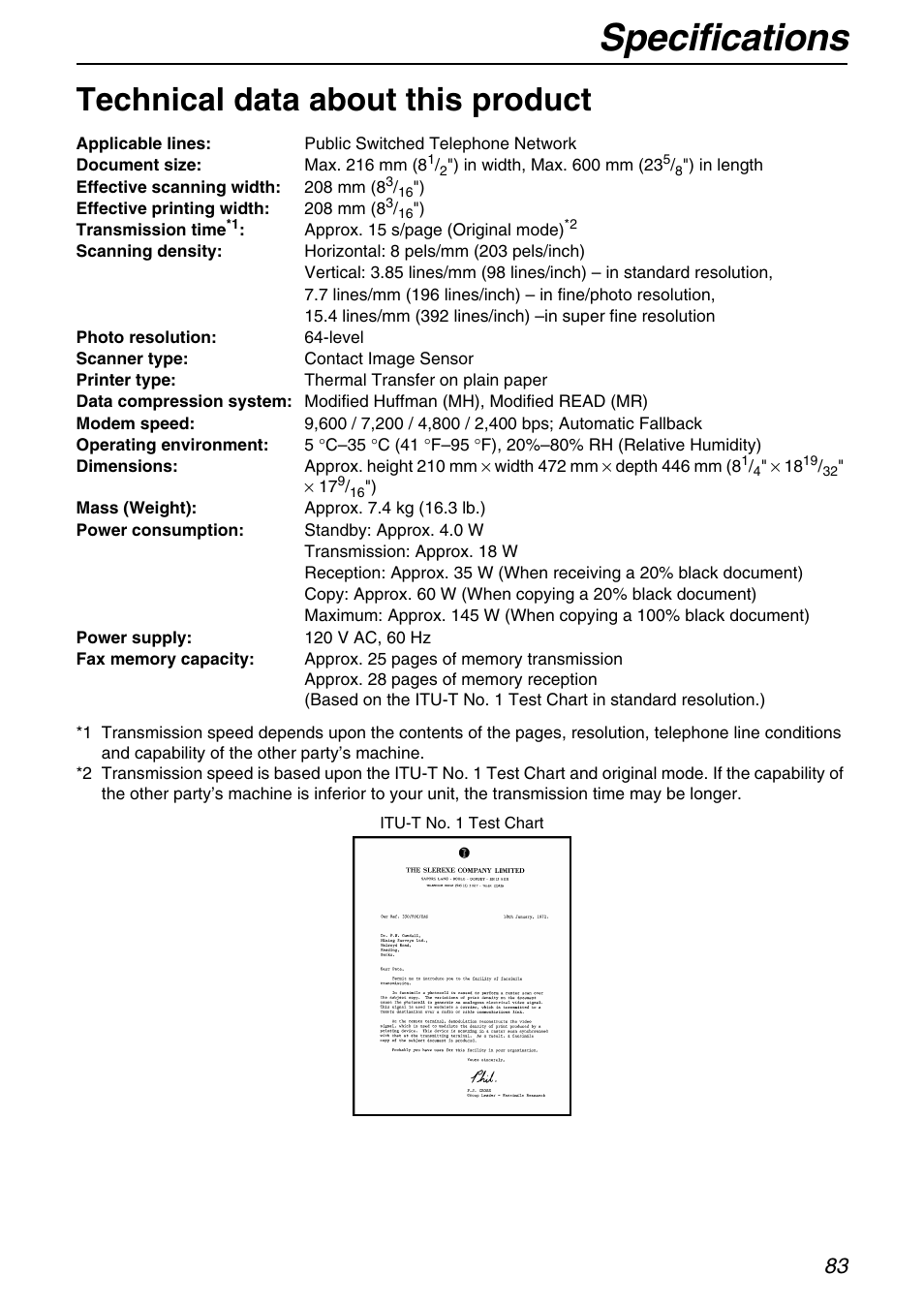 Specifications, Technical data about this product | Panasonic KX-FB421 User Manual | Page 83 / 92